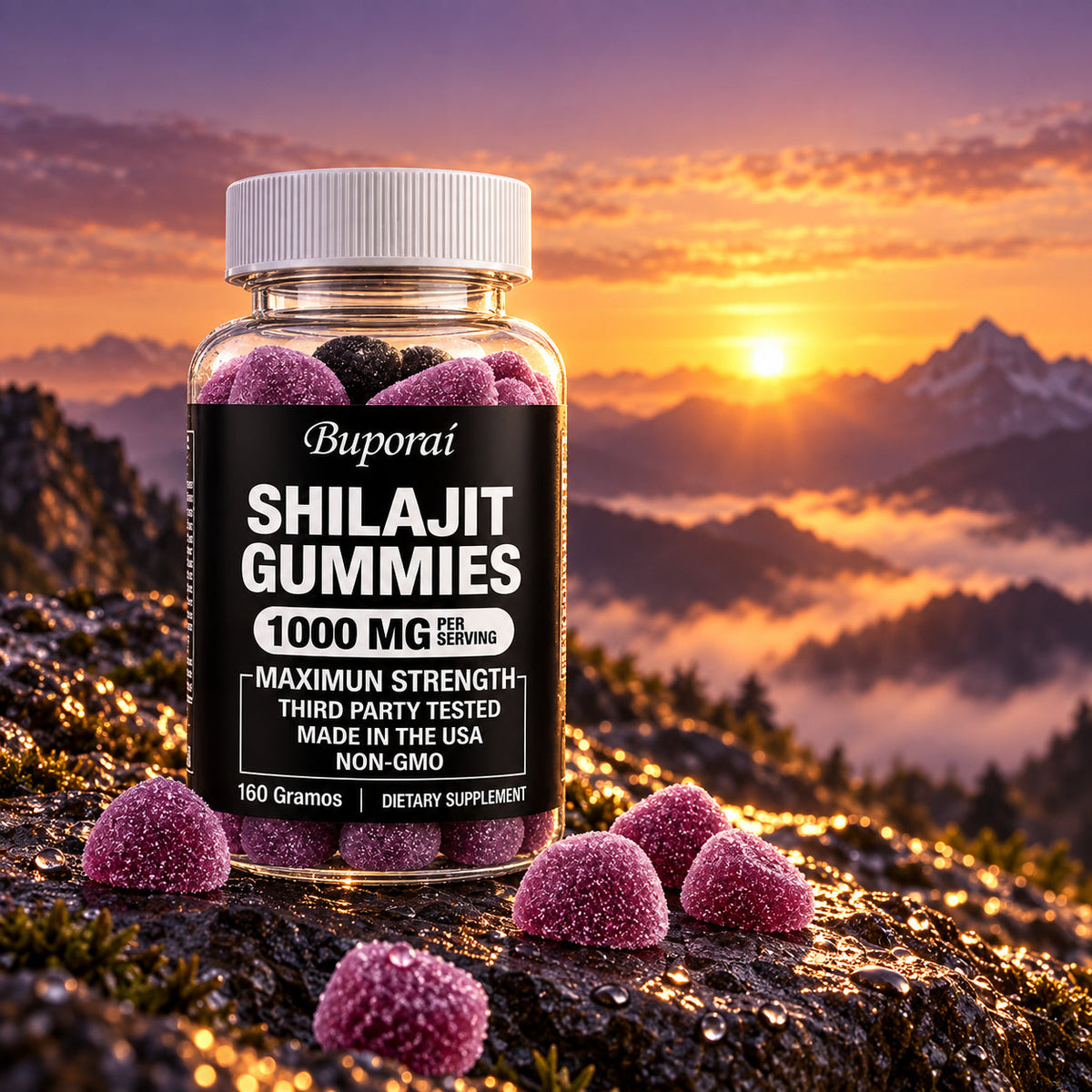Frasco de Shilajit 1000 mg sobre roca de montaña al amanecer