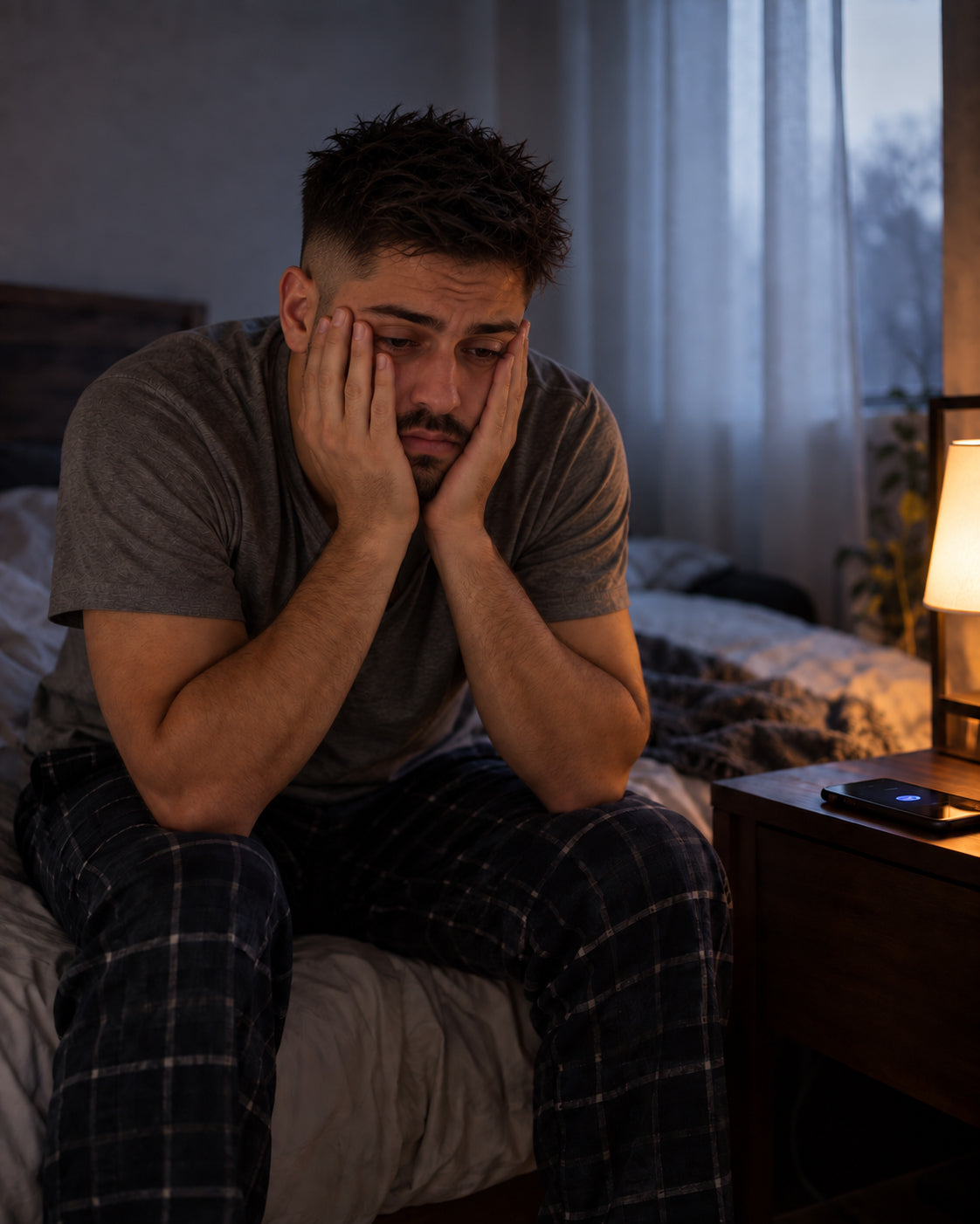 Hombre agotado sentado en el borde de la cama a las 6:30 de la mañana