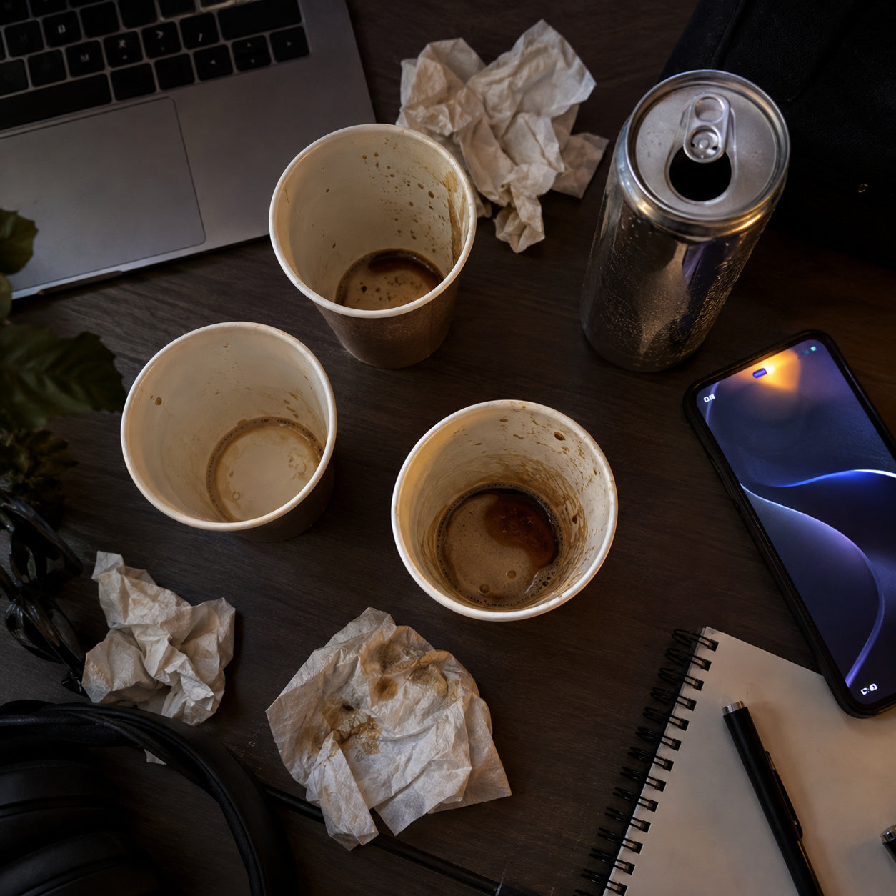 Vasos de café vacíos y una lata de energética sobre un escritorio