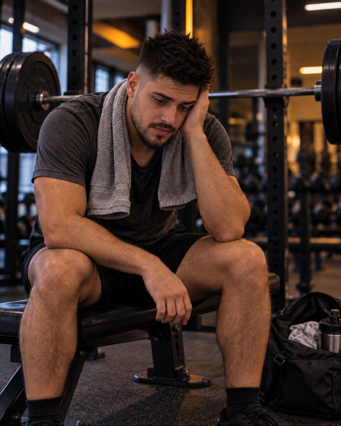 Hombre cansado sentado en un banco del gimnasio con una toalla al cuello