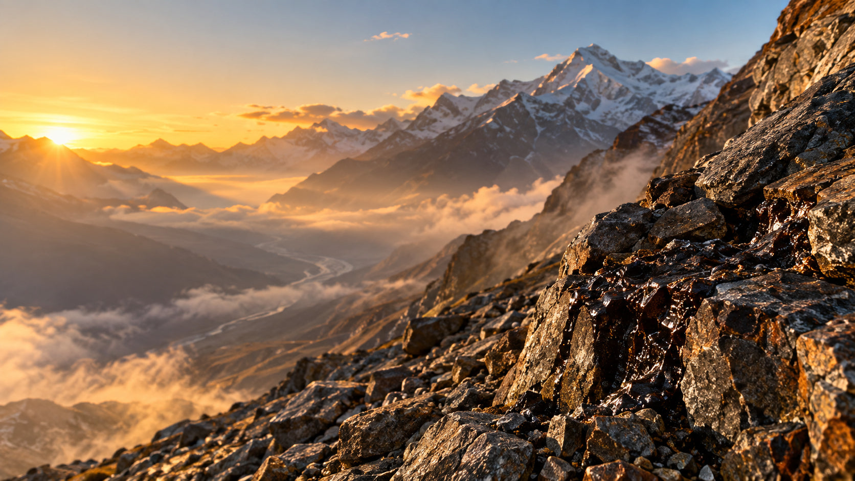 Resina de Shilajit en la roca de una montaña del Himalaya al amanecer