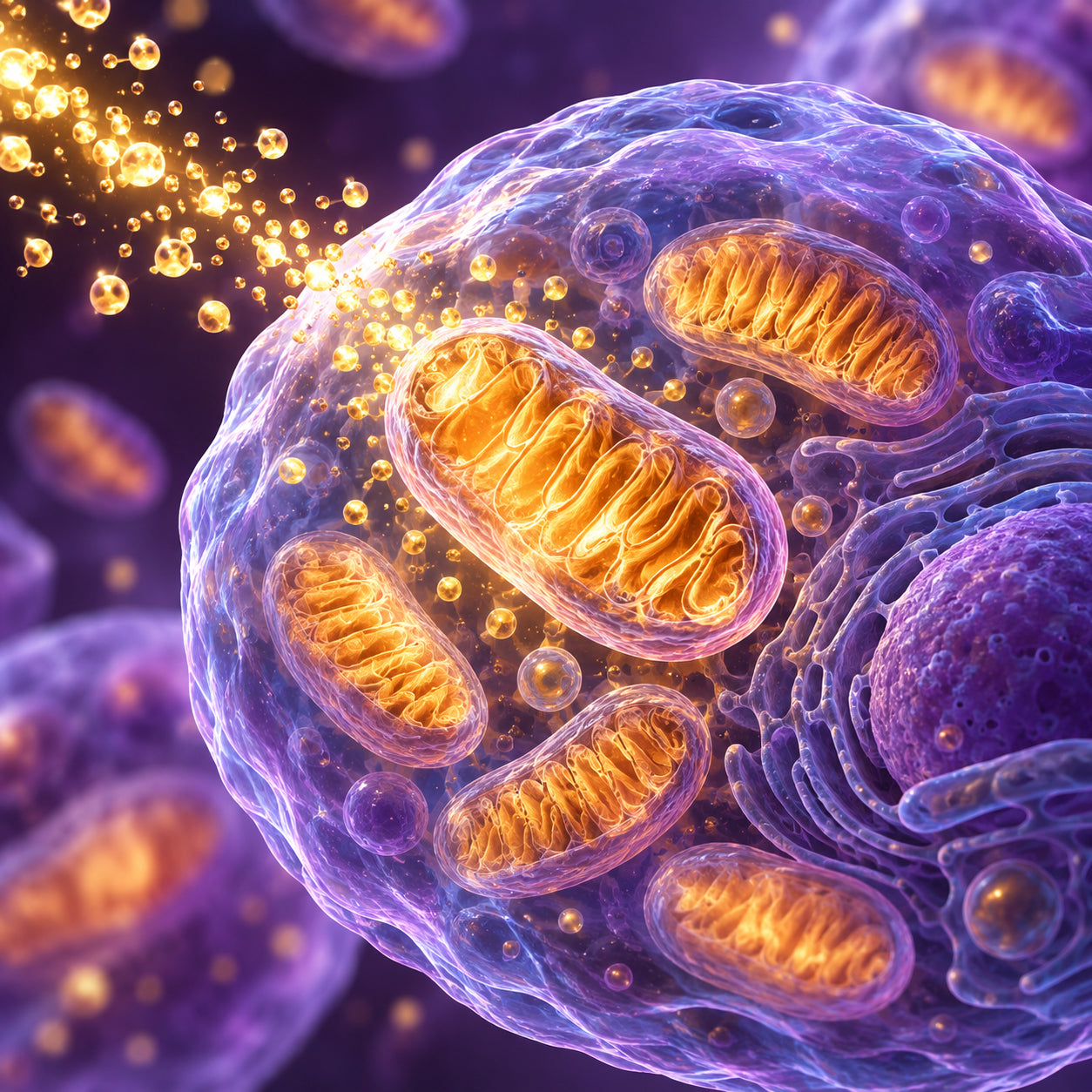 Ilustración de una célula con mitocondrias iluminadas