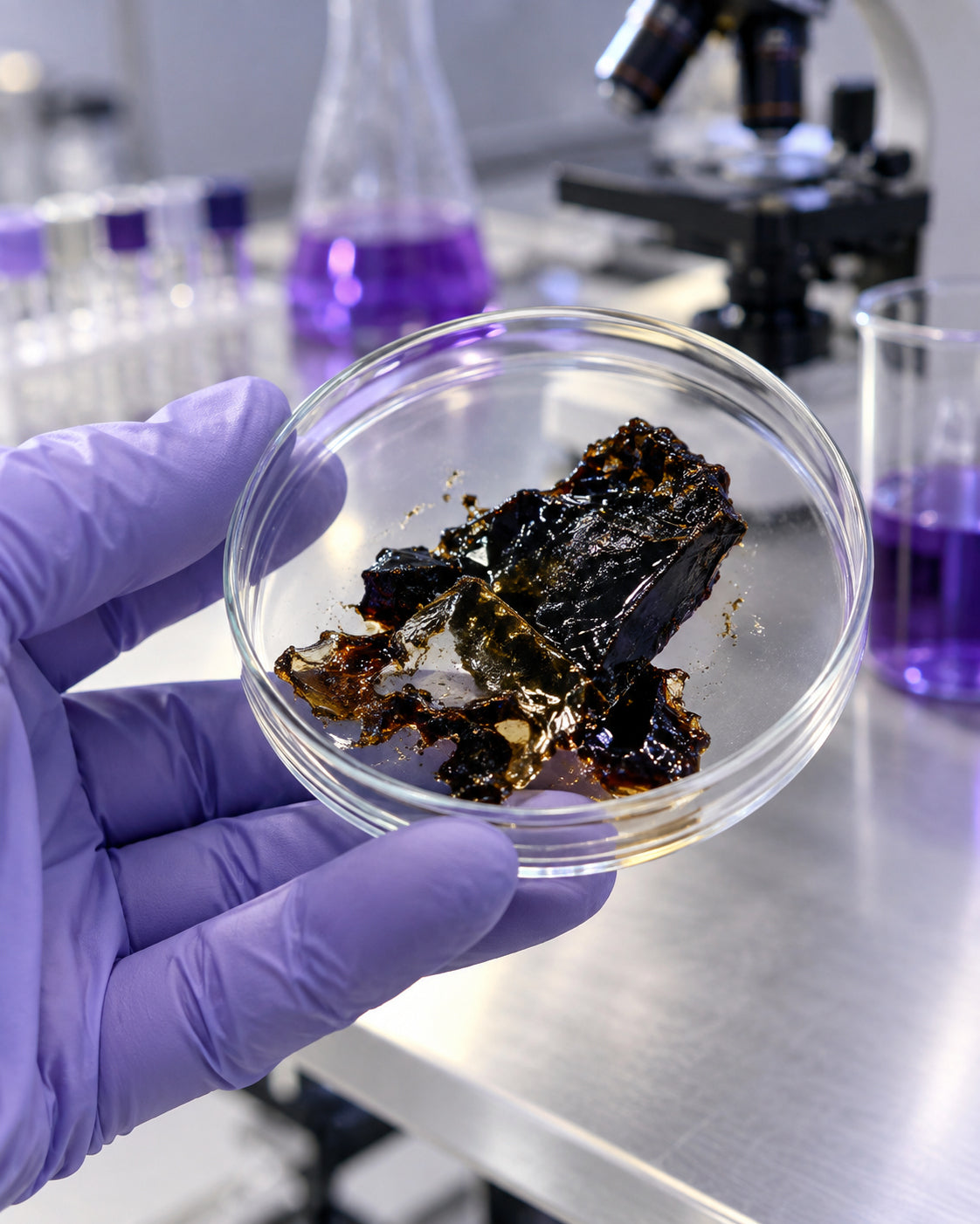 Mano con guante sosteniendo una placa con resina mineral en un laboratorio