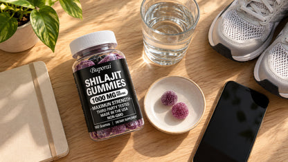 Rutina de mañana: 2 gomitas de Shilajit con un vaso de agua