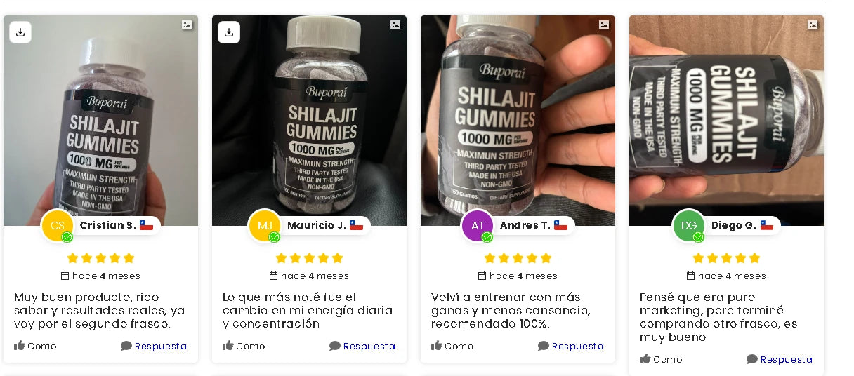 Reseñas de clientes de Chile con foto del frasco de gomitas de Shilajit