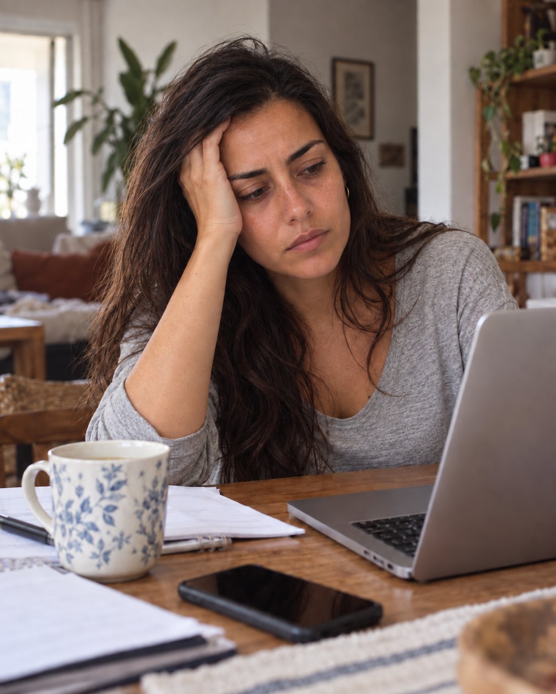 Mujer cansada trabajando en su casa a las 3 de la tarde