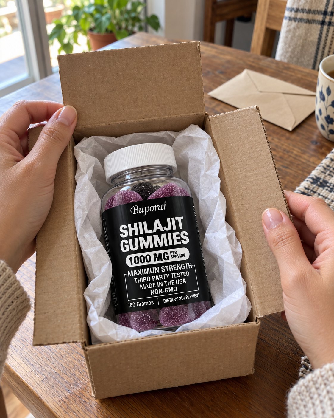 Abriendo la caja con el frasco de gomitas de Shilajit